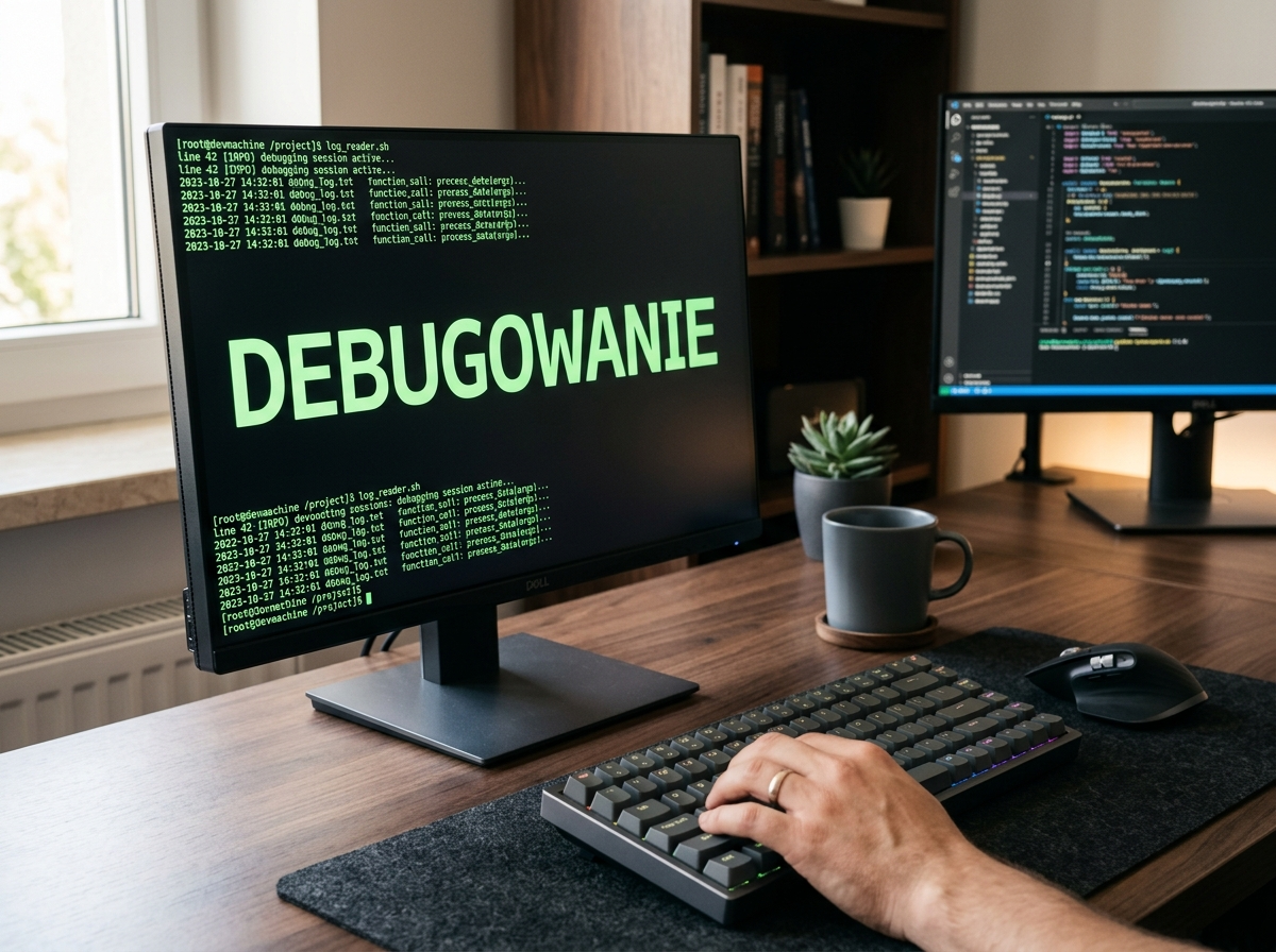 Profesjonalne zdjęcie biurka programisty z terminalem wyświetlającym 'DEBUGOWANIE', ilustrujące optymalizację co to prompty.