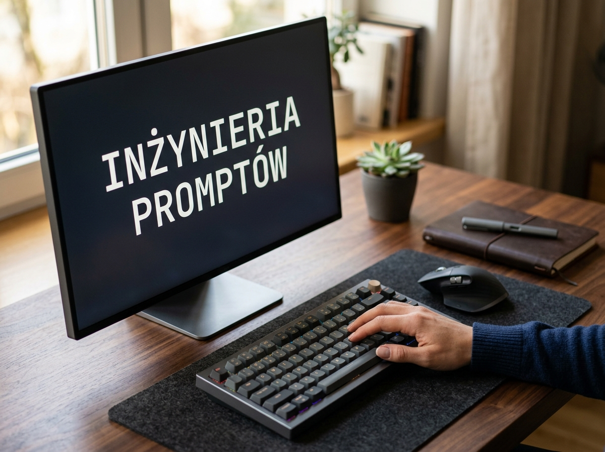 Profesjonalne zdjęcie biurka z monitorem wyświetlającym 'INŻYNIERIA PROMPTÓW', symbolizujące generator gpt i prompt engineering.