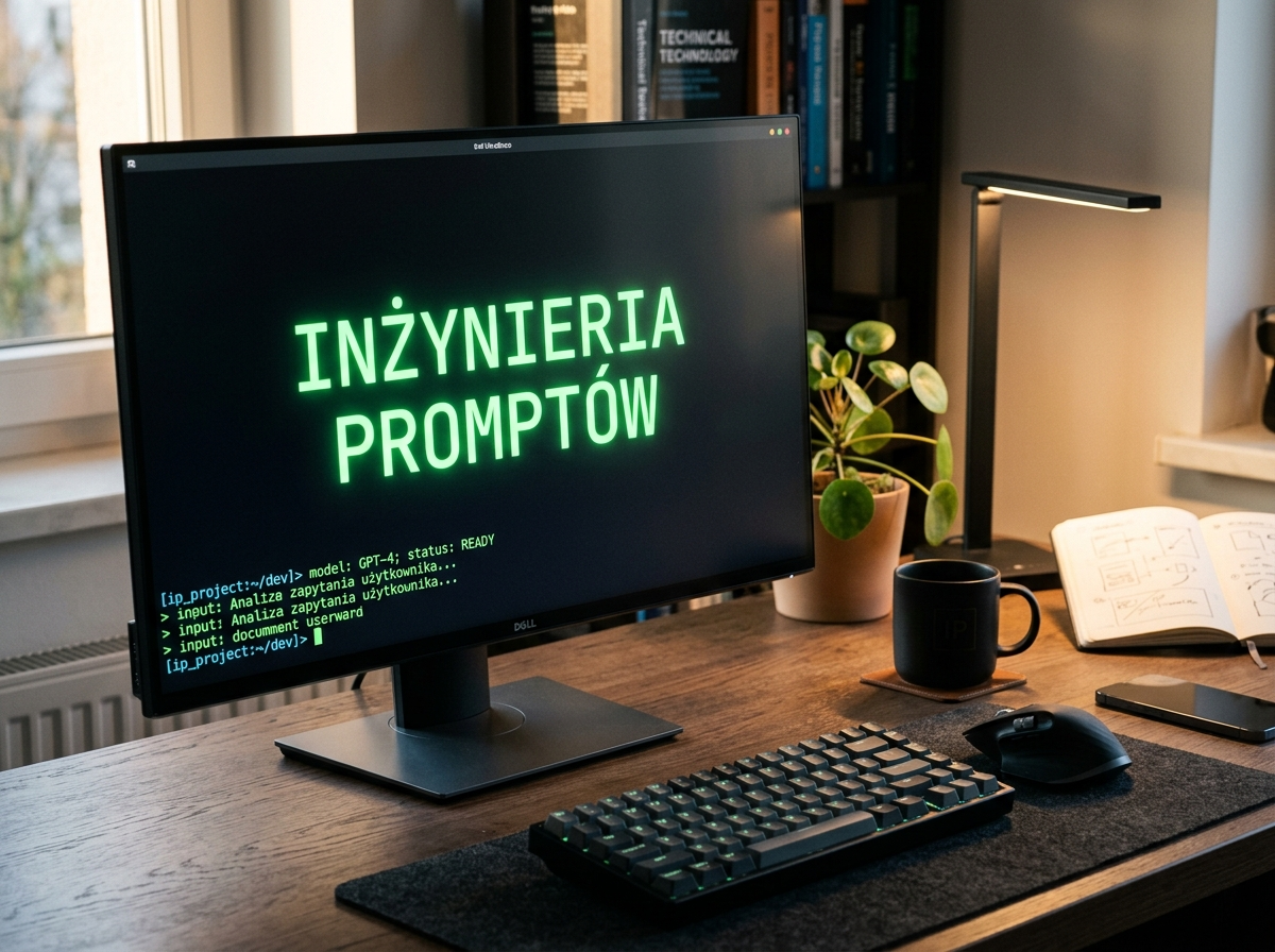 Profesjonalne zdjęcie biurka z monitorem wyświetlającym 'INŻYNIERIA PROMPTÓW', symbolizujące optymalizację sztucznej inteligencji AI.