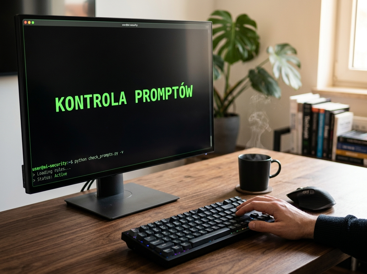 Profesjonalne zdjęcie biurka z monitorem wyświetlającym 'KONTROLA PROMPTÓW', symbolizujące bezpieczeństwo chatgpt prompts i AI.
