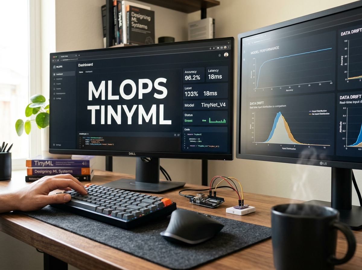 Profesjonalne zdjęcie biurka z monitorem wyświetlającym 'MLOPS TINYML' oraz płytką mikrokontrolera do uczenia maszynowego.