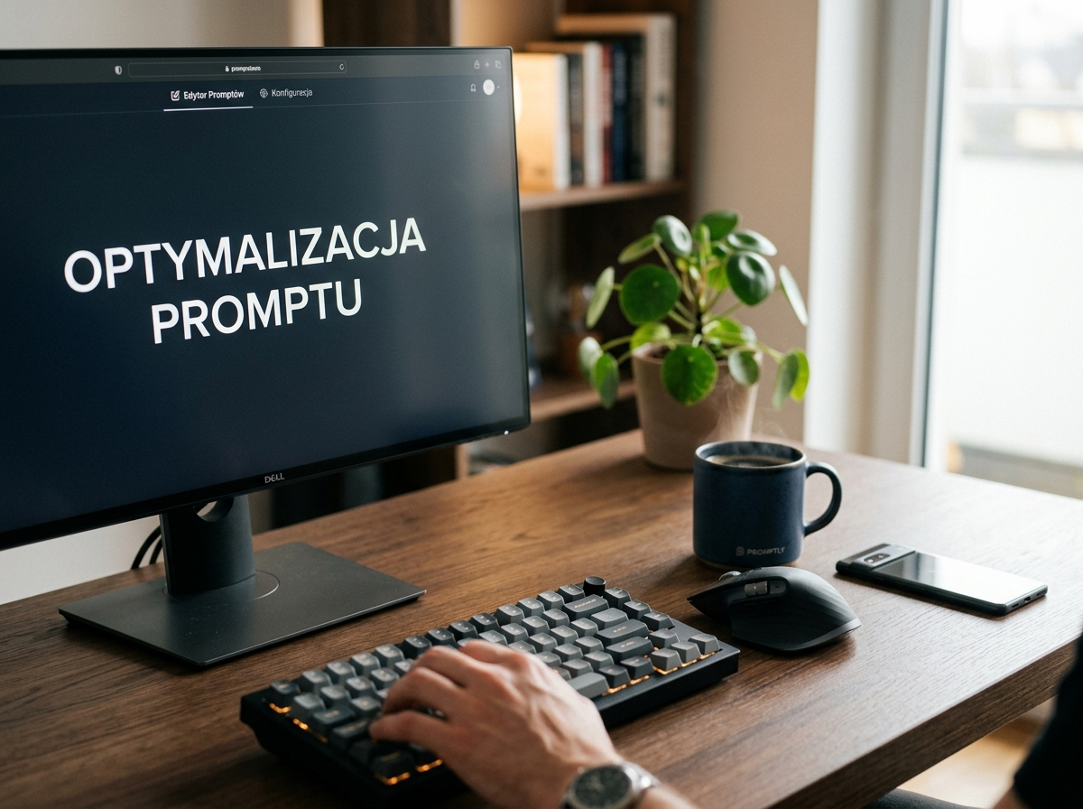 Profesjonalne zdjęcie biurka z monitorem wyświetlającym 'OPTYMALIZACJA PROMPTU', klawiaturą mechaniczną i kawą. Idealne dla ai prompt generator.
