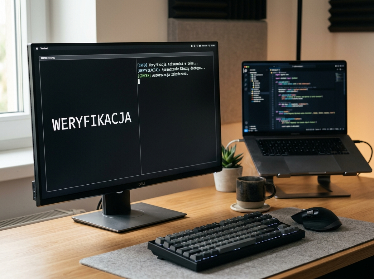 Profesjonalne zdjęcie biurka z monitorem wyświetlającym 'WERYFIKACJA', symbolizujące audyt generatora gpt.