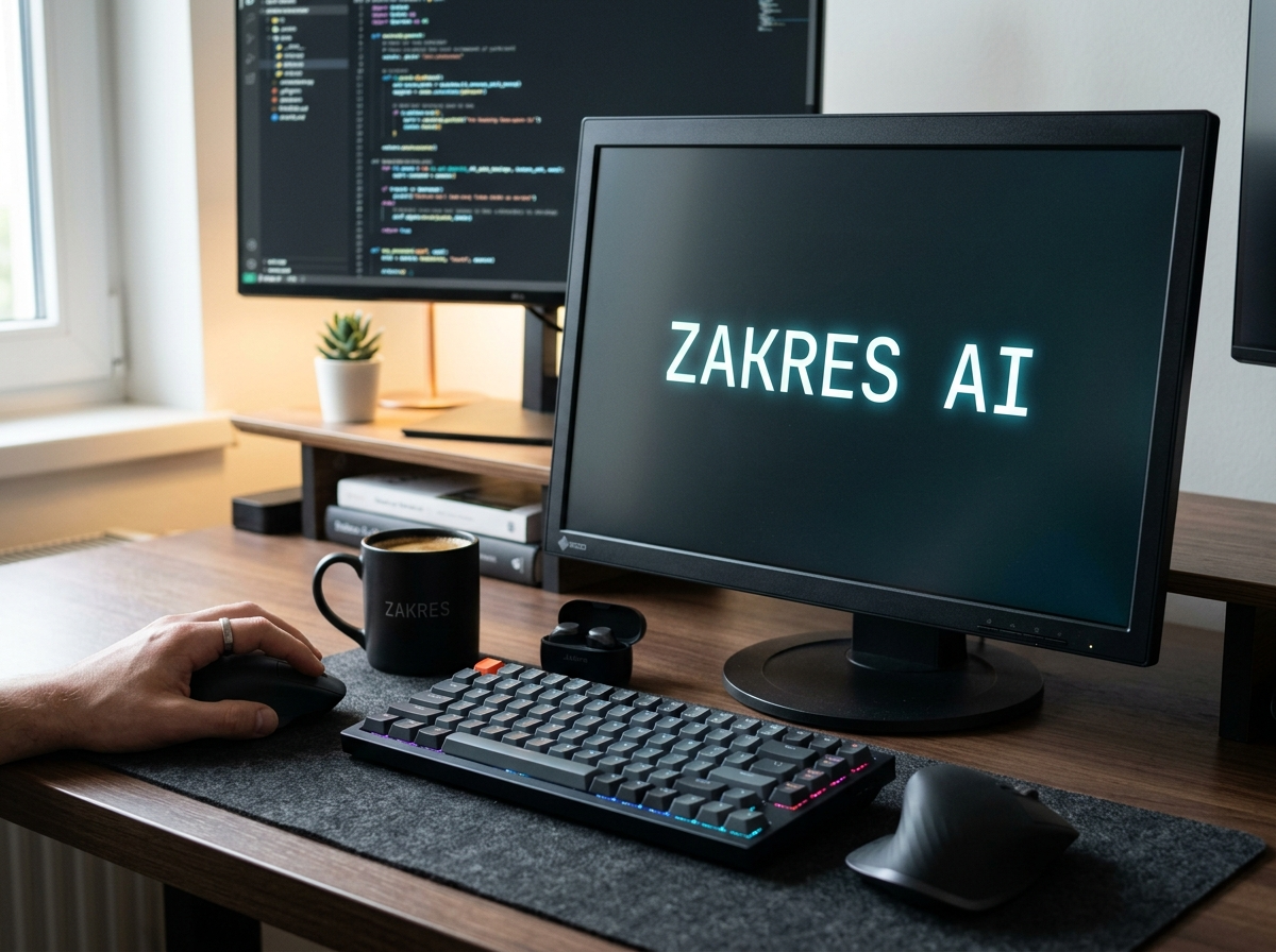 Profesjonalne zdjęcie biurka z monitorem wyświetlającym 'ZAKRES AI', symbolizujące ograniczenia sztucznej inteligencji czat.