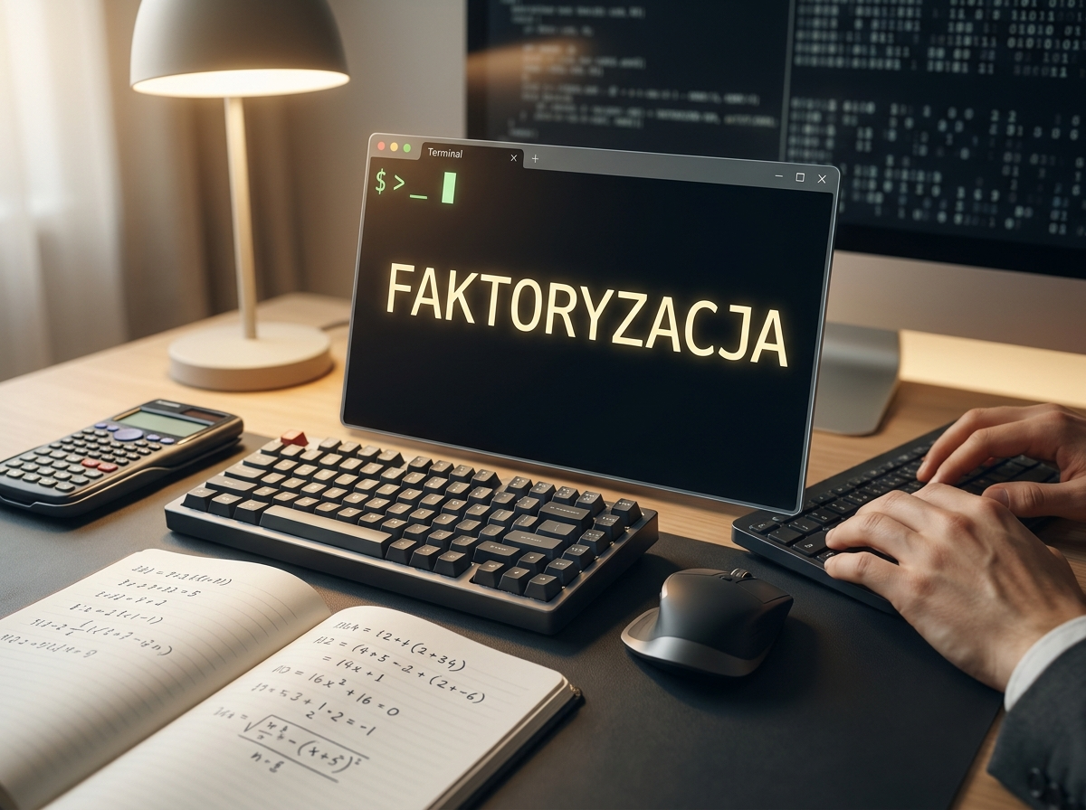 Profesjonalne zdjęcie biurka z terminalem 'FAKTORYZACJA' i dłońmi. Kluczowe dla algorytmów matematycznych.
