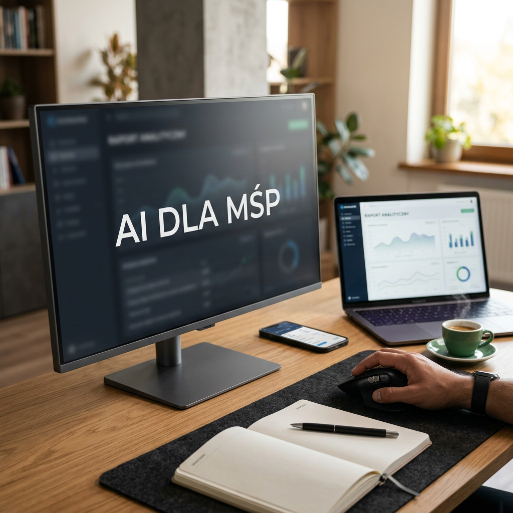 Profesjonalne zdjęcie monitora z napisem 'AI DLA MŚP' na minimalistycznym biurku, symbolizujące sztuczną inteligencję a rynek pracy dla MŚP.