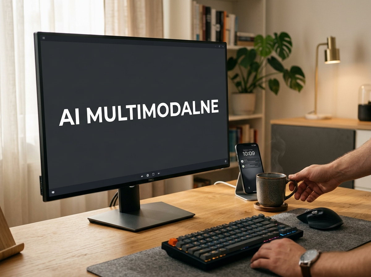 Profesjonalne zdjęcie monitora z napisem 'AI MULTIMODALNE', otoczonego klawiaturą i myszką, symbolizujące zaawansowane możliwości ai chatgpt.