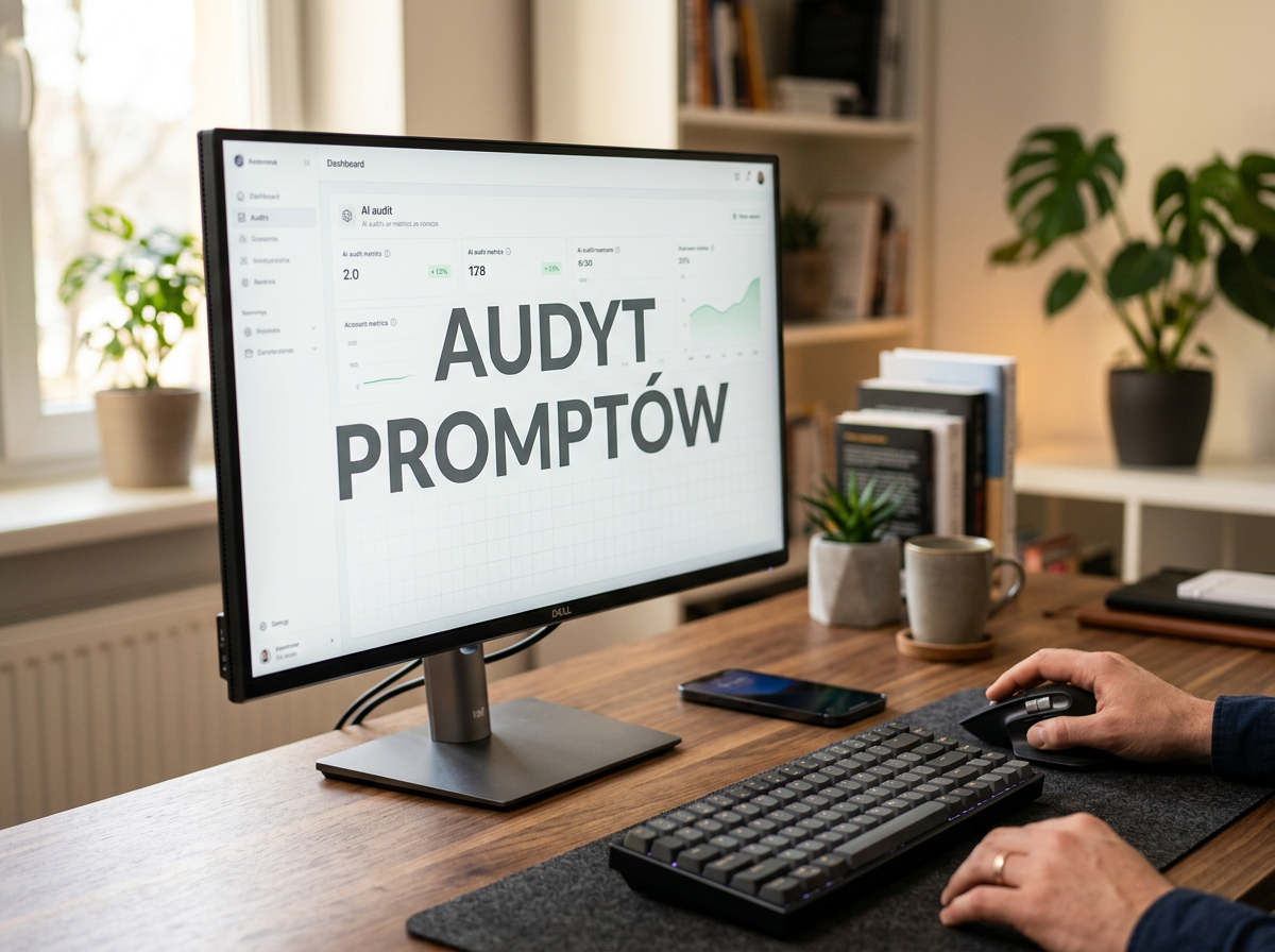 Profesjonalne zdjęcie monitora z napisem 'AUDYT PROMPTÓW' na biurku, idealne do artykułu prompt co to.