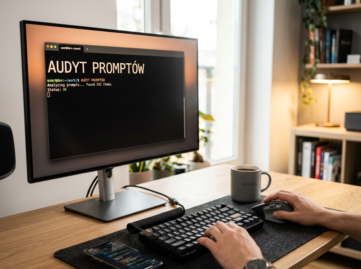 Profesjonalne zdjęcie monitora z napisem 'AUDYT PROMPTÓW' na biurku, symbolizujące bezpieczeństwo promptów AI.