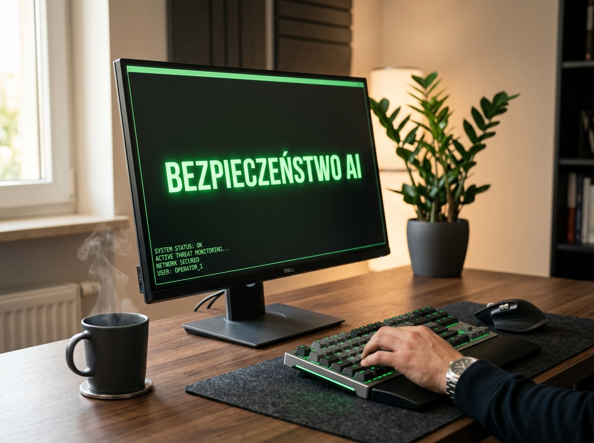Profesjonalne zdjęcie monitora z napisem 'BEZPIECZEŃSTWO AI', klawiatury mechanicznej i myszki. Scena podkreśla prywatność i konkurencję w świecie ai chatgpt.