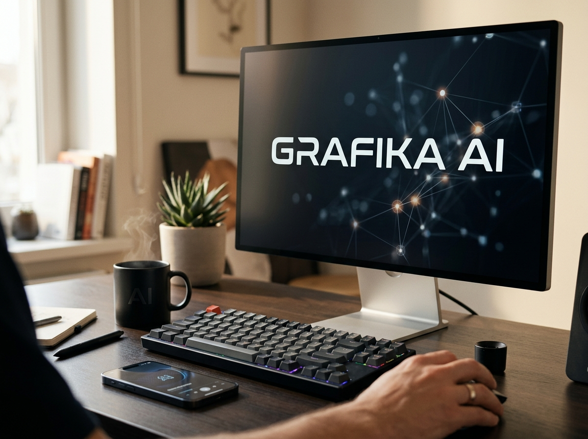 Profesjonalne zdjęcie monitora z napisem 'GRAFIKA AI', otoczonego klawiaturą i myszką, symbolizujące nowoczesne aplikacje AI.