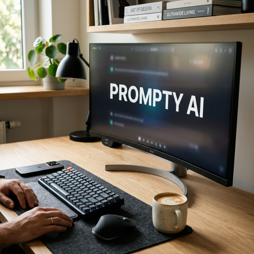 Profesjonalne zdjęcie monitora z napisem 'PROMPTY AI', otoczonego klawiaturą i myszką, symbolizujące zaawansowane prompty do chatgpt zdjęcia.