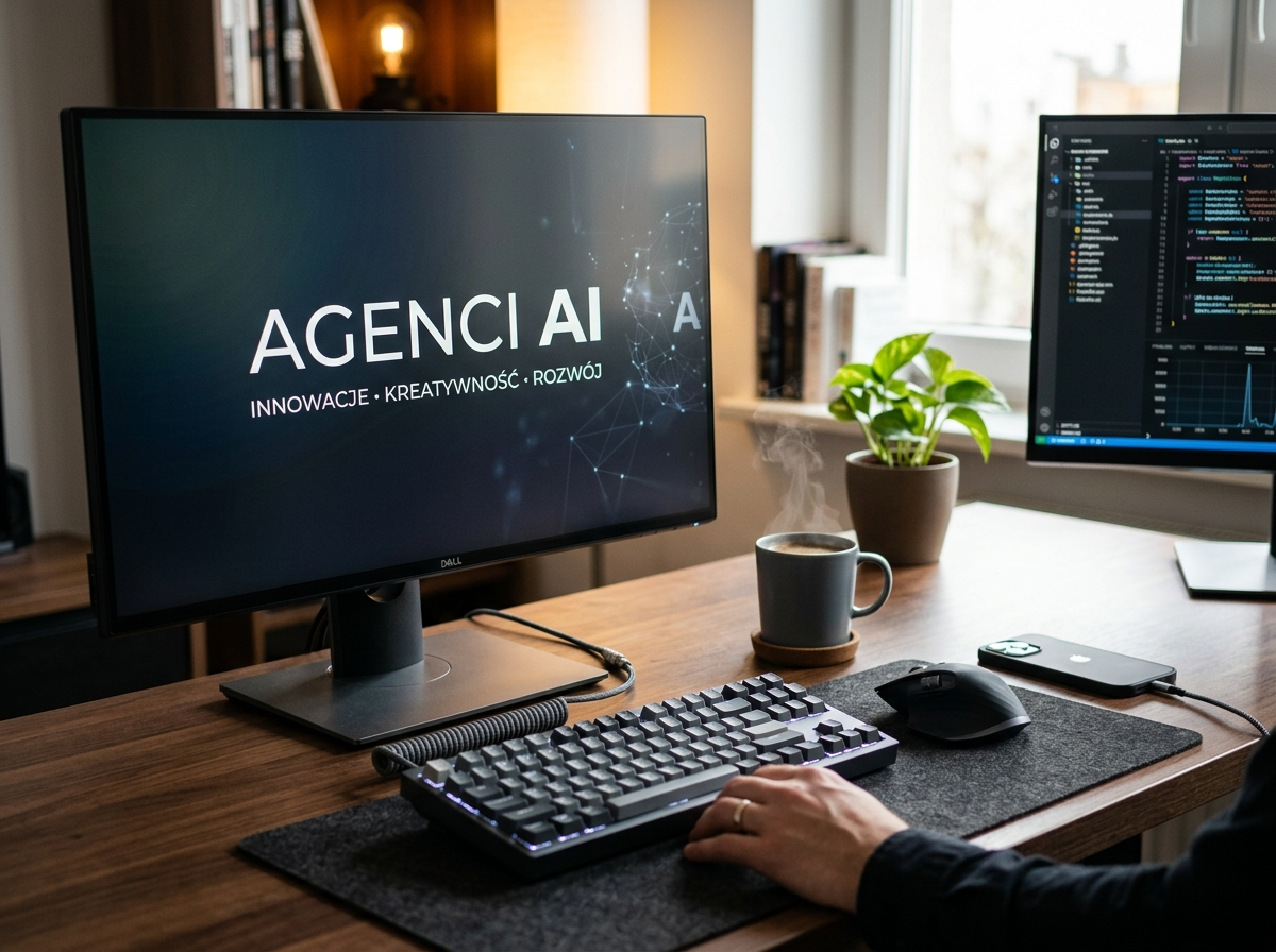 Profesjonalne zdjęcie monitora z tekstem 'AGENCI AI' na biurku programisty, symbolizujące przyszłość ai gpt.
