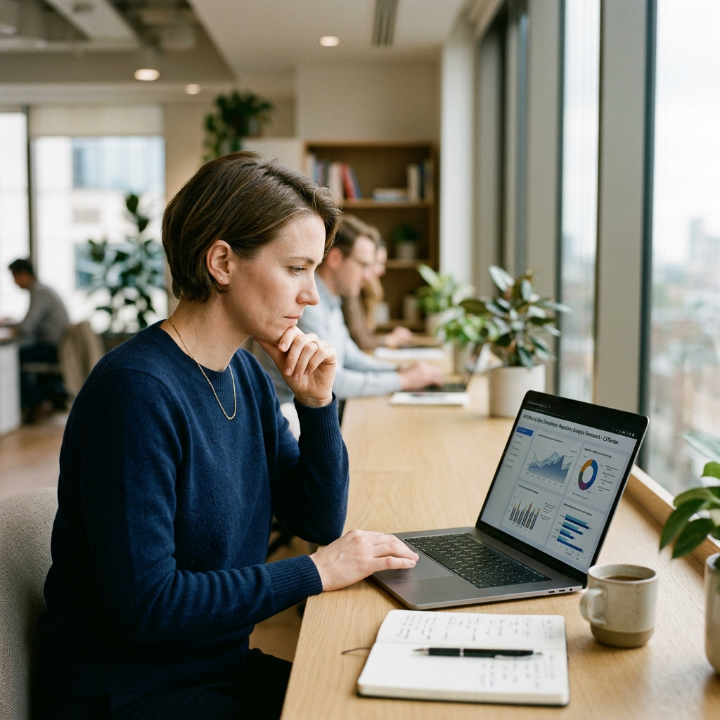 Profesjonalny marketer skupiony na analizie złożonych danych AI na laptopie, kluczowych dla ai w marketingu.
