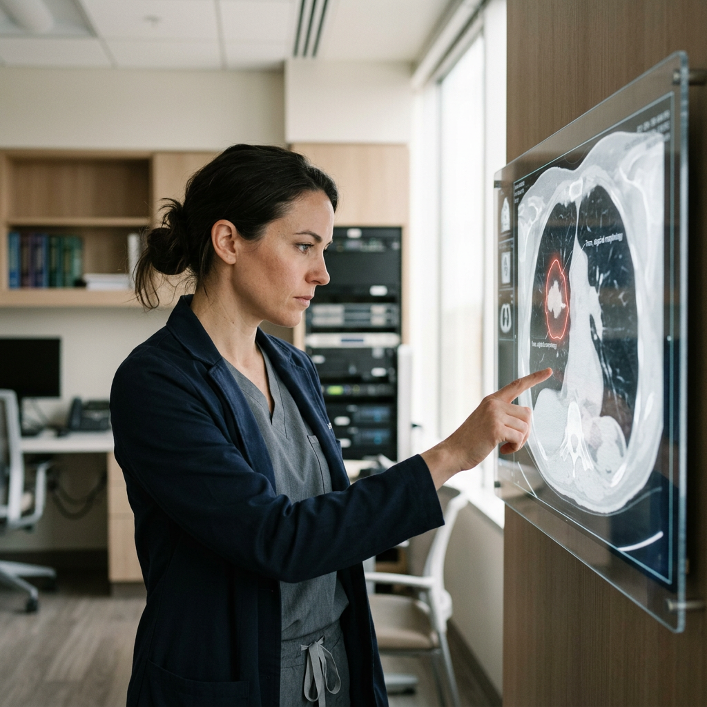 Radiolog analizująca na ekranie medycznym skany wspomagane przez AI, pokazując zastosowania AI w diagnostyce.