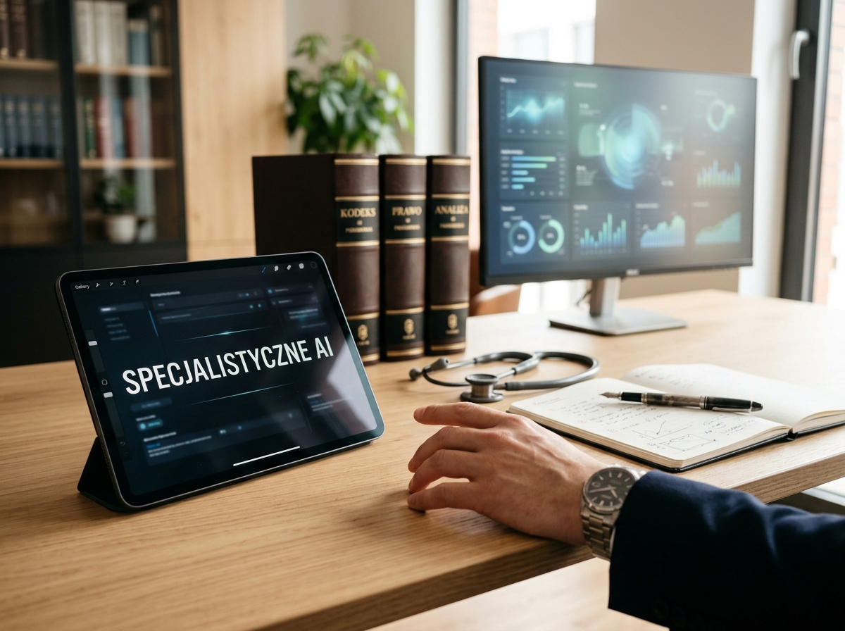 Tablet wyświetla 'SPECJALISTYCZNE AI', obok prawne i medyczne akcesoria. Skupia się na narzędziach AI.
