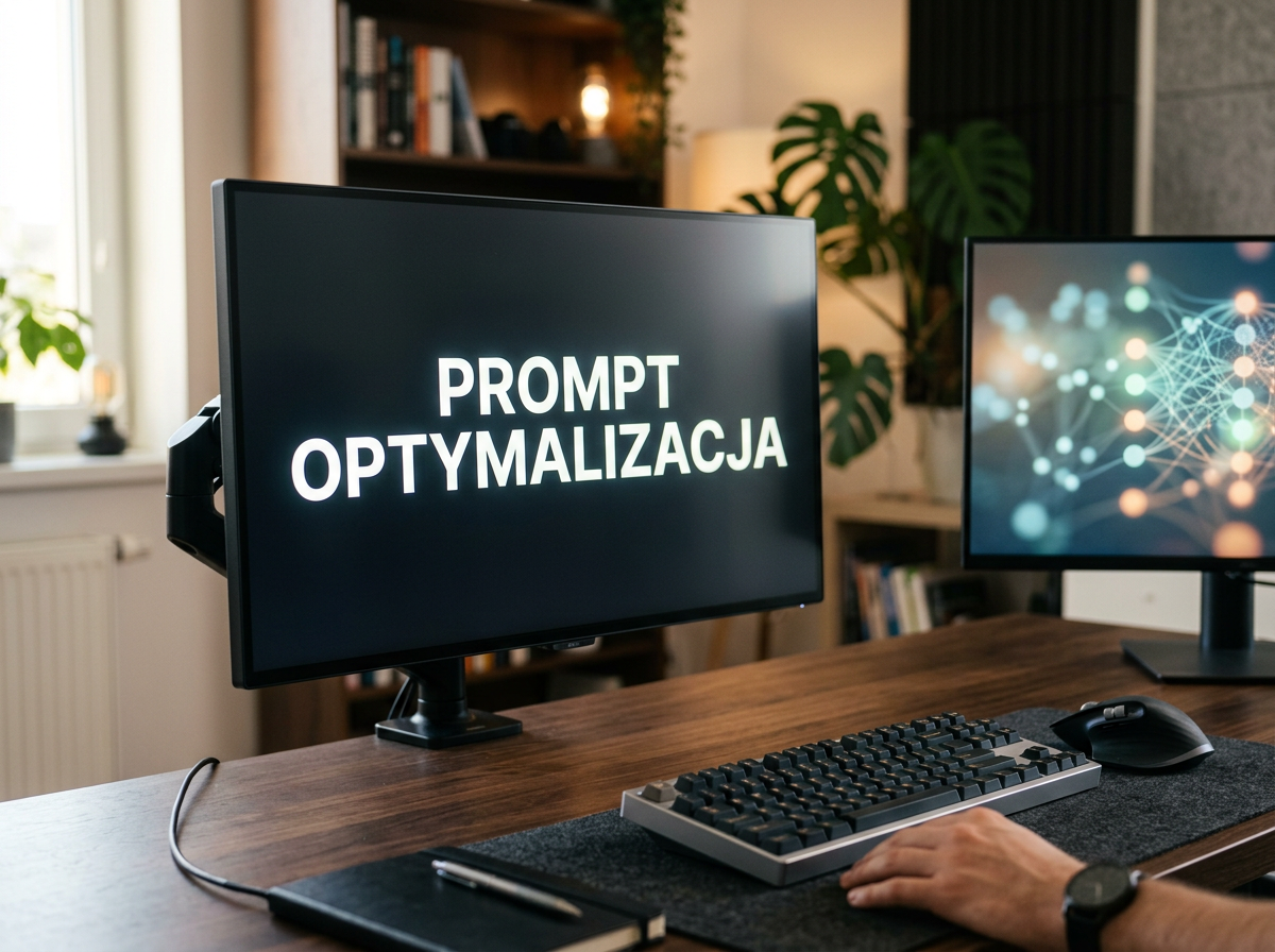 Ujęcie z bliska monitora z napisem 'PROMPT OPTYMALIZACJA', klawiatury i myszy, symbolizujące efektywny ai prompt generator.