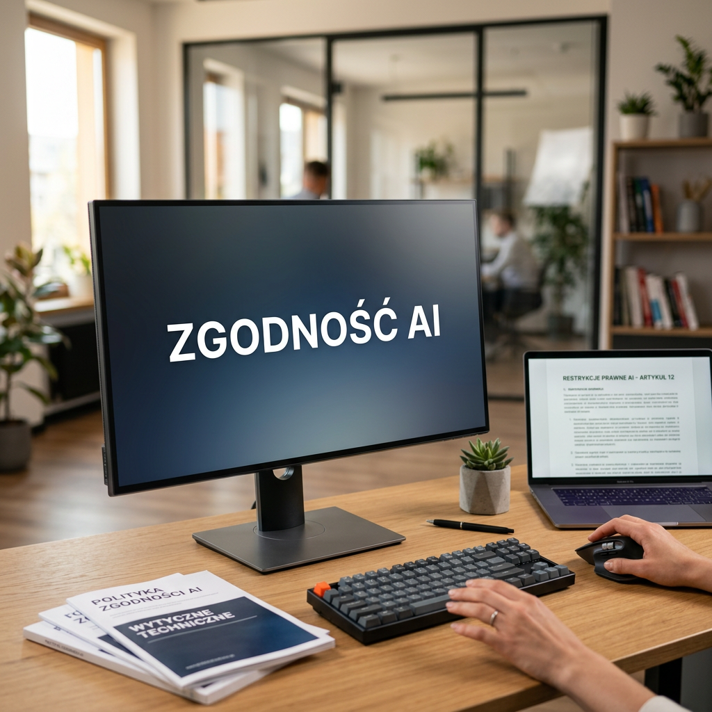 Zdjęcie biurka z monitorem wyświetlającym 'ZGODNOŚĆ AI', laptopem i dokumentami, symbolizujące sztuczną inteligencję a rynek pracy.