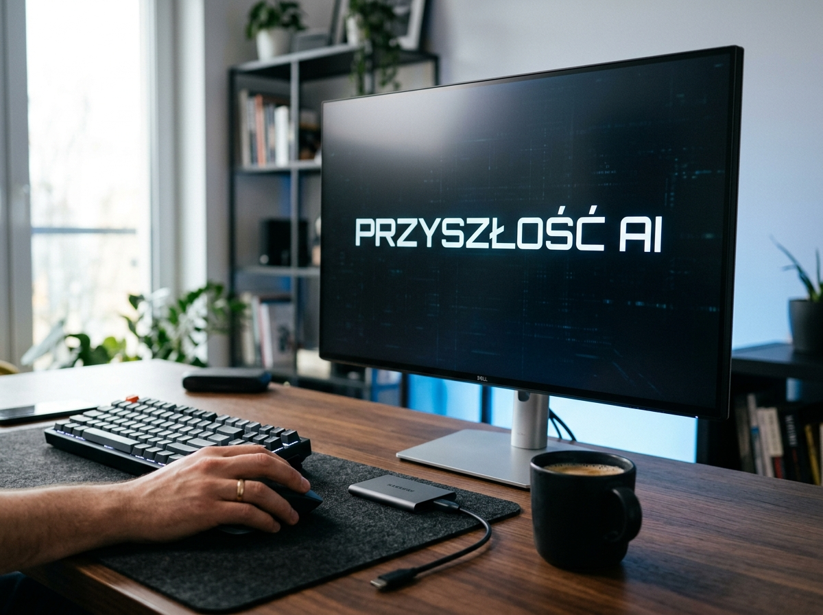 Elegancki monitor wyświetlający 'PRZYSZŁOŚĆ AI' na biurku z klawiaturą, symbolizujący rozwój chat gpt artificial intelligence.