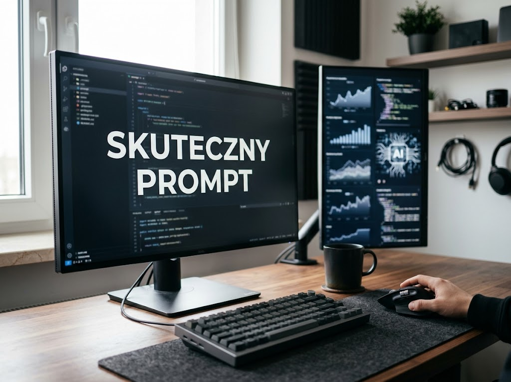 Eleganckie biurko z monitorem wyświetlającym 'SKUTECZNY PROMPT', symbolizujące inżynierię zapytań dla gpt sztucznej inteligencji.
