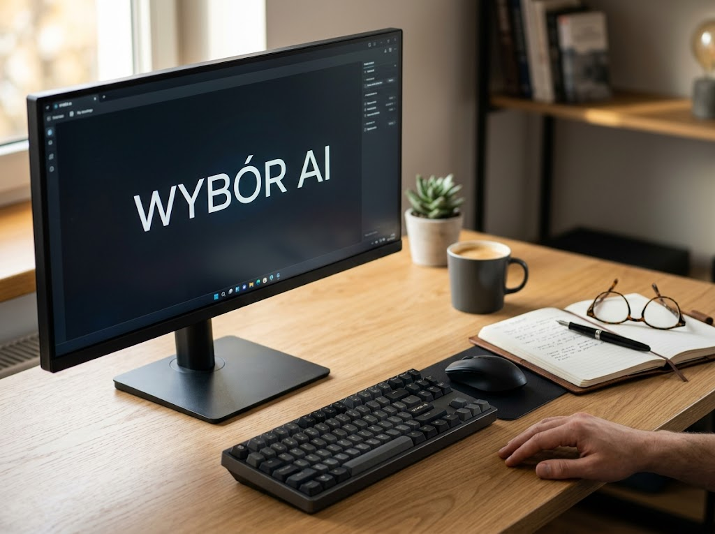 Eleganckie biurko z monitorem wyświetlającym 'WYBÓR AI', klawiaturą i notatnikiem, symbolizujące trafny wybór ai kursu.