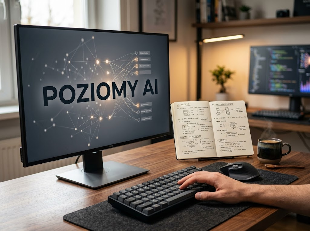 Monitor na biurku wyświetla 'POZIOMY AI', przedstawiając jak wygląda sztuczna inteligencja i jej klasyfikacja.