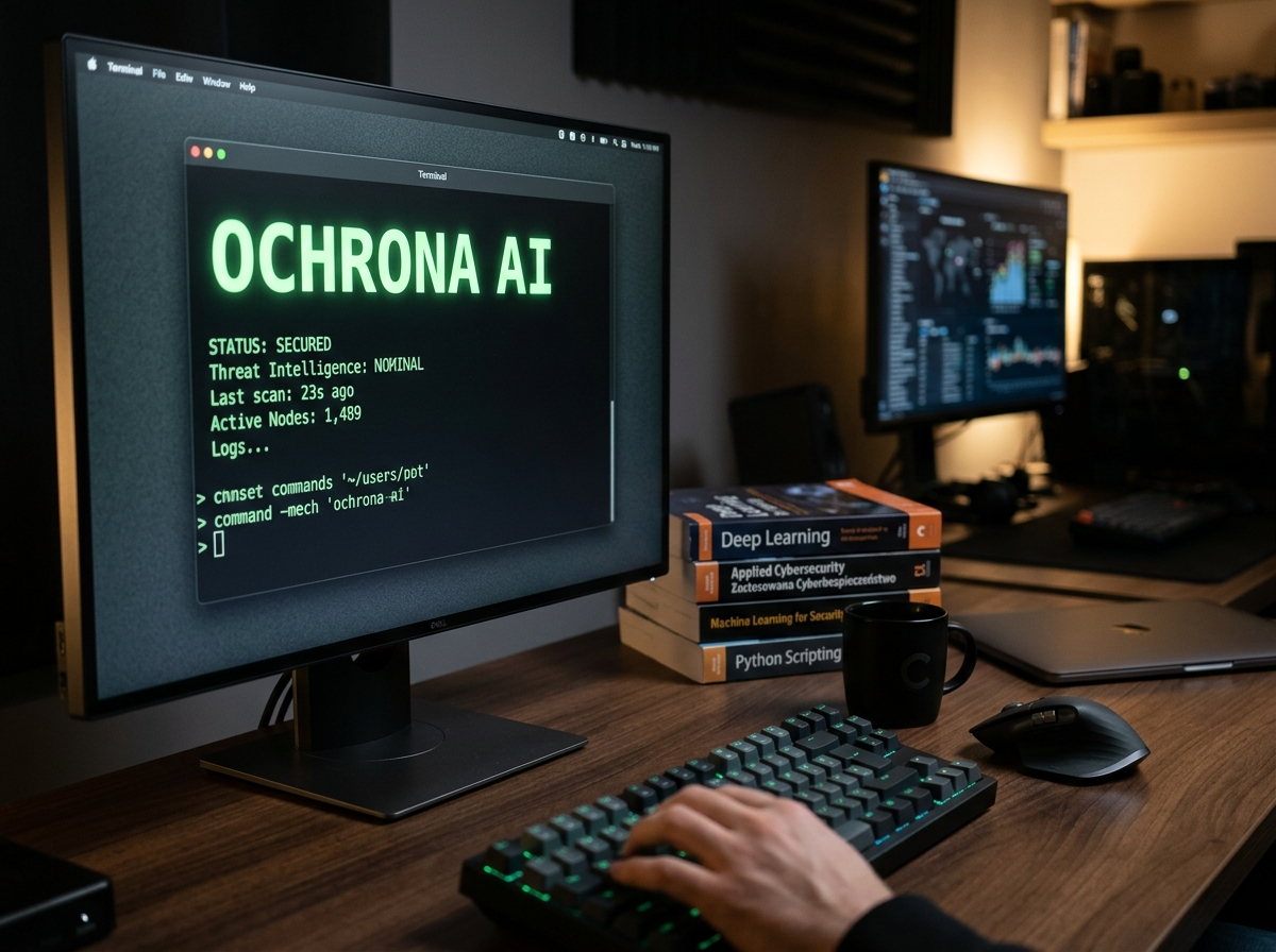 Monitor terminala wyświetlający 'OCHRONA AI' na biurku programisty, symbolizujący bezpieczeństwo artificial intelligence gpt.