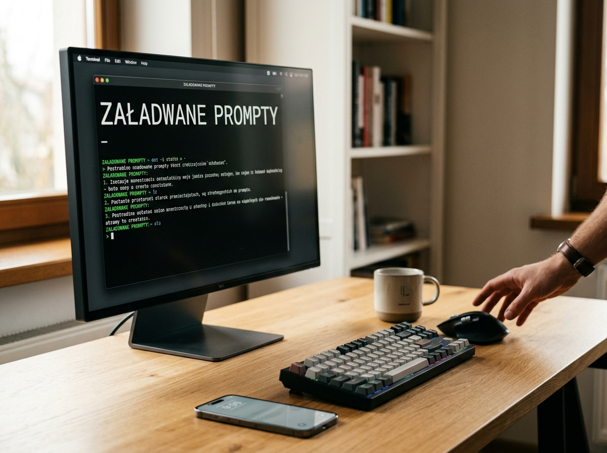 Monitor wyświetlający 'ZAŁADOWANE PROMPTY' na biurku z klawiaturą i myszką, symbolizujący optymalizację ai prompts.