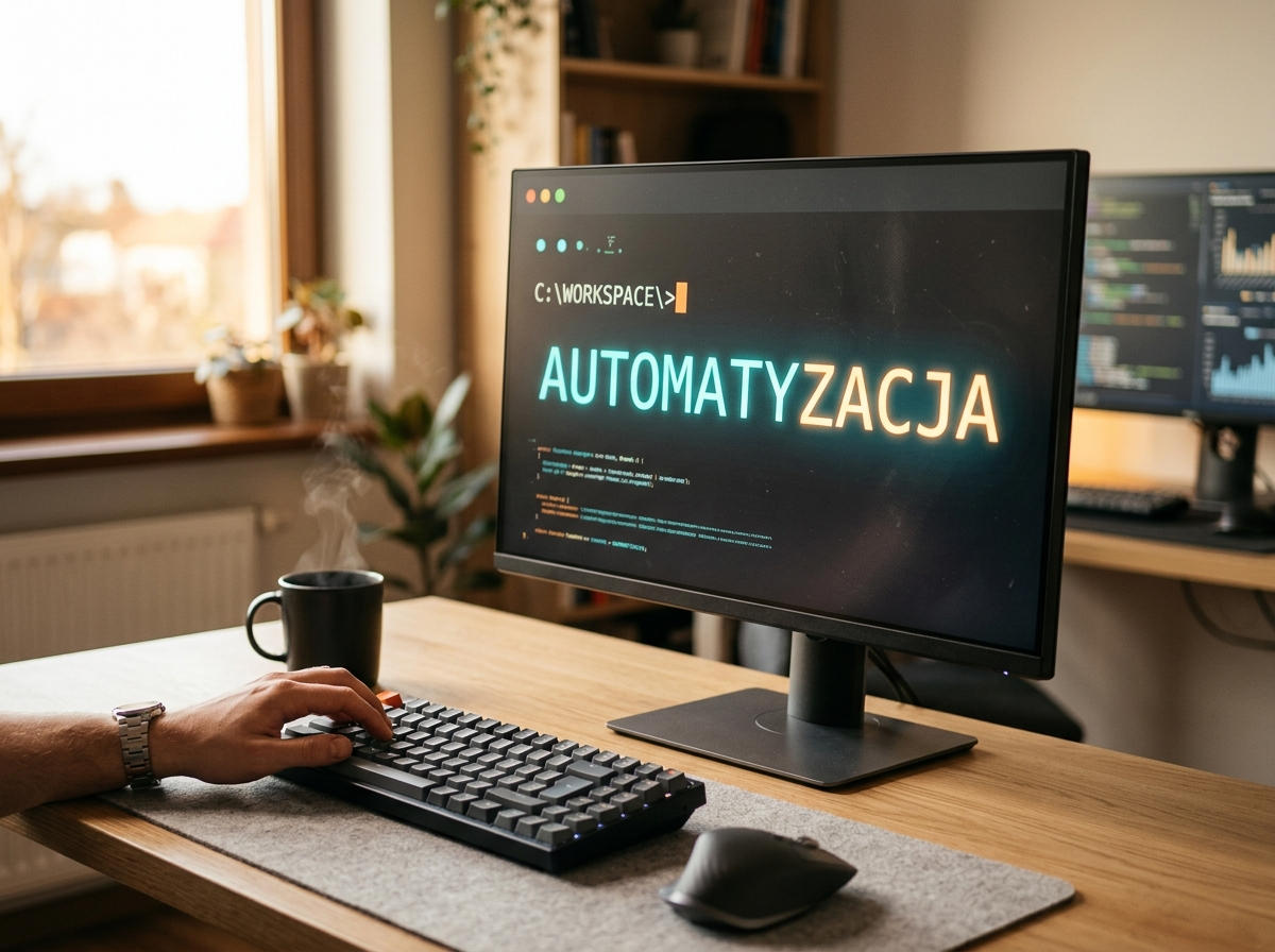 Monitor z napisem 'AUTOMATYZACJA' na biurku programisty, symbolizujący optymalizację procesów ai chatbot gpt.
