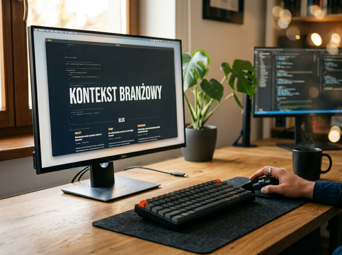 Monitor z napisem 'KONTEKST BRANŻOWY' na biurku, symbolizujący prompt engineering w różnych domenach.