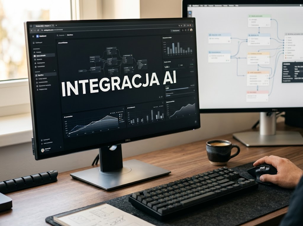 Nowoczesne biurko z monitorem wyświetlającym 'INTEGRACJA AI', symbolizujące wdrożenie sztucznej inteligencji w procesy biznesowe.