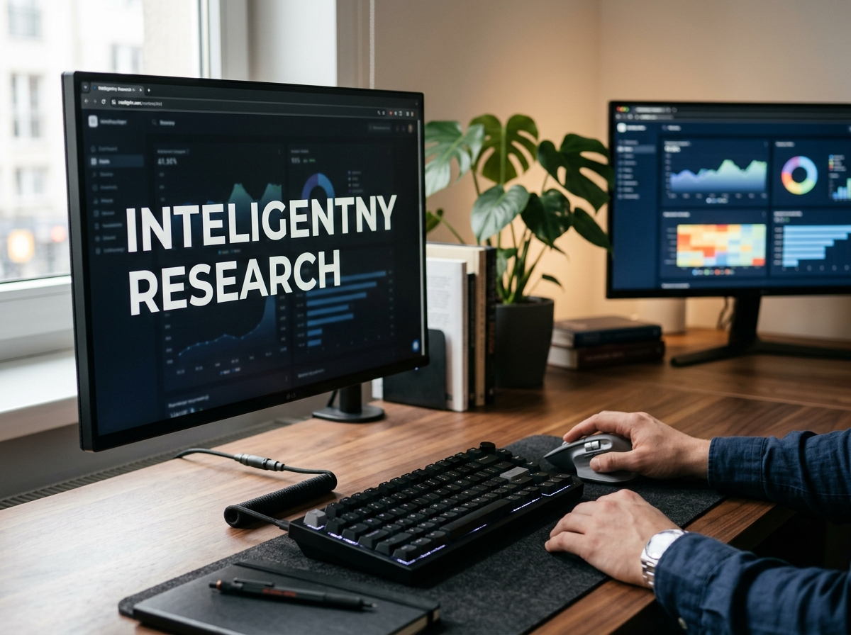 Nowoczesne biurko z monitorem wyświetlającym 'INTELIGENTNY RESEARCH', idealne do analizy ai online.