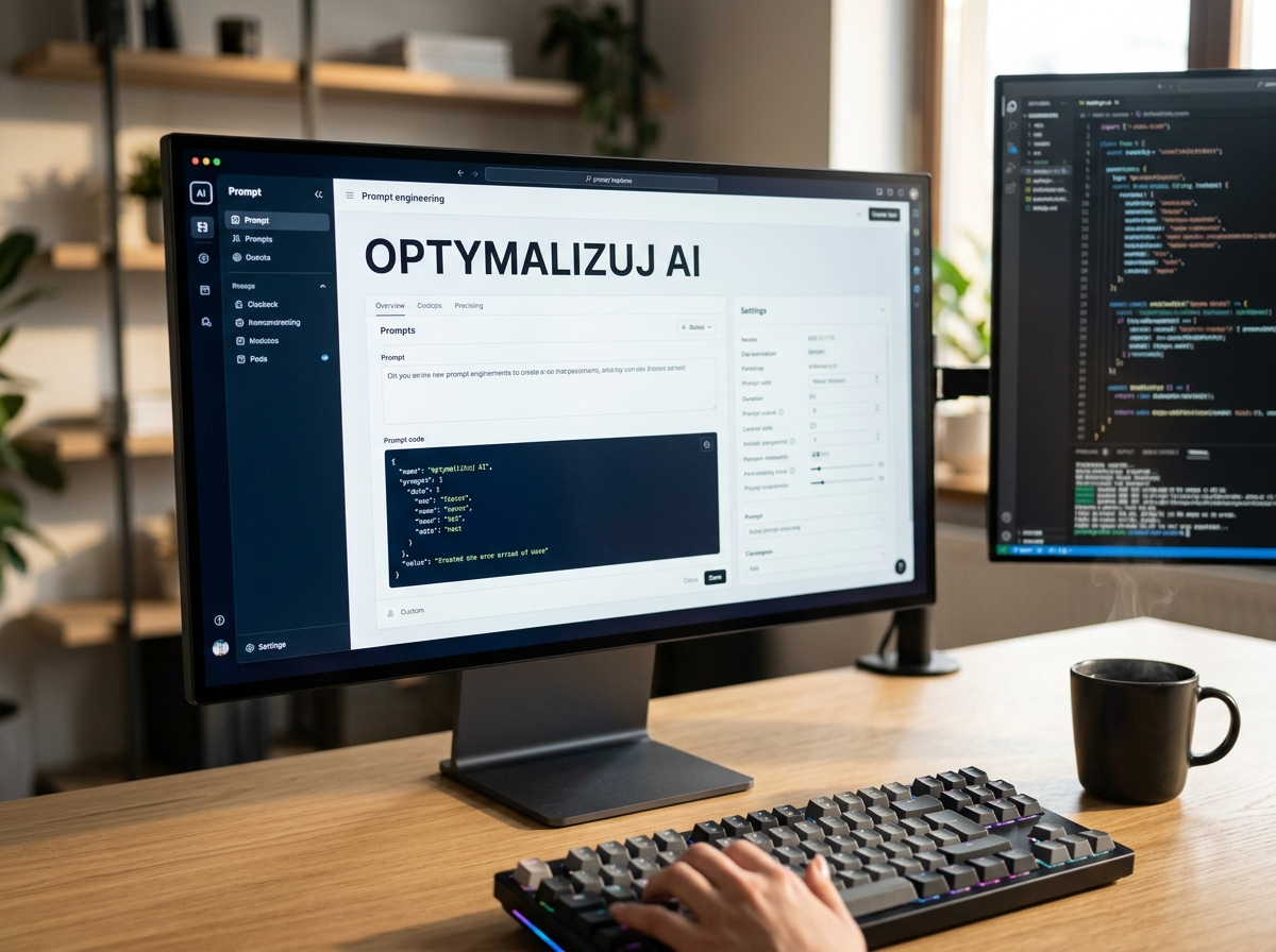 Nowoczesne biurko z monitorem wyświetlającym 'OPTYMALIZUJ AI', klawiaturą, myszką — optymalizacja sztucznej inteligencji za darmo.