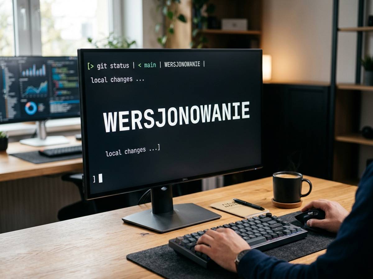 Nowoczesne biurko z monitorem wyświetlającym 'WERSJONOWANIE', klawiaturą i myszką, symbolizujące kontrolę wersji w prompt engineering.
