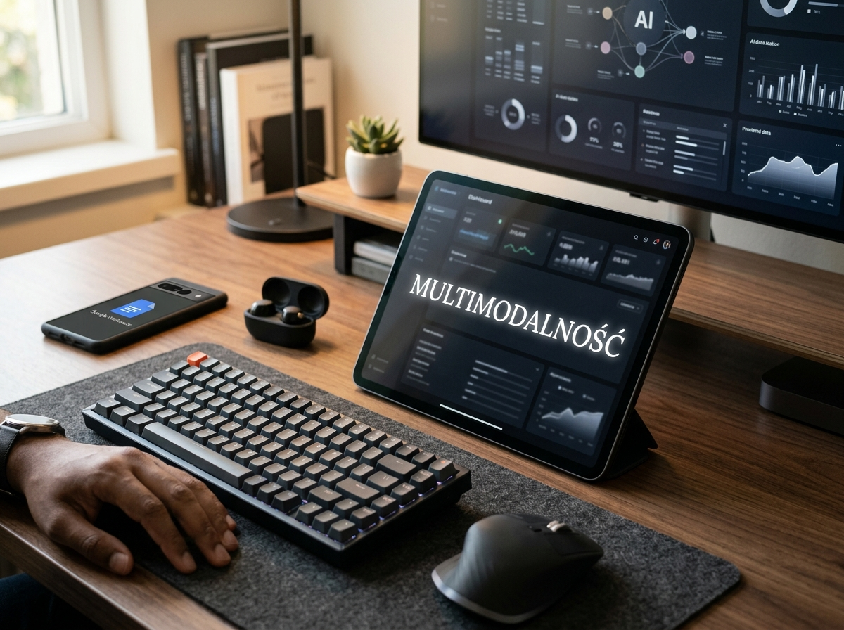 Nowoczesne biurko z tabletem wyświetlającym 'MULTIMODALNOŚĆ', symbolizujące zaawansowaną ai sztuczną inteligencję online i jej integrację.