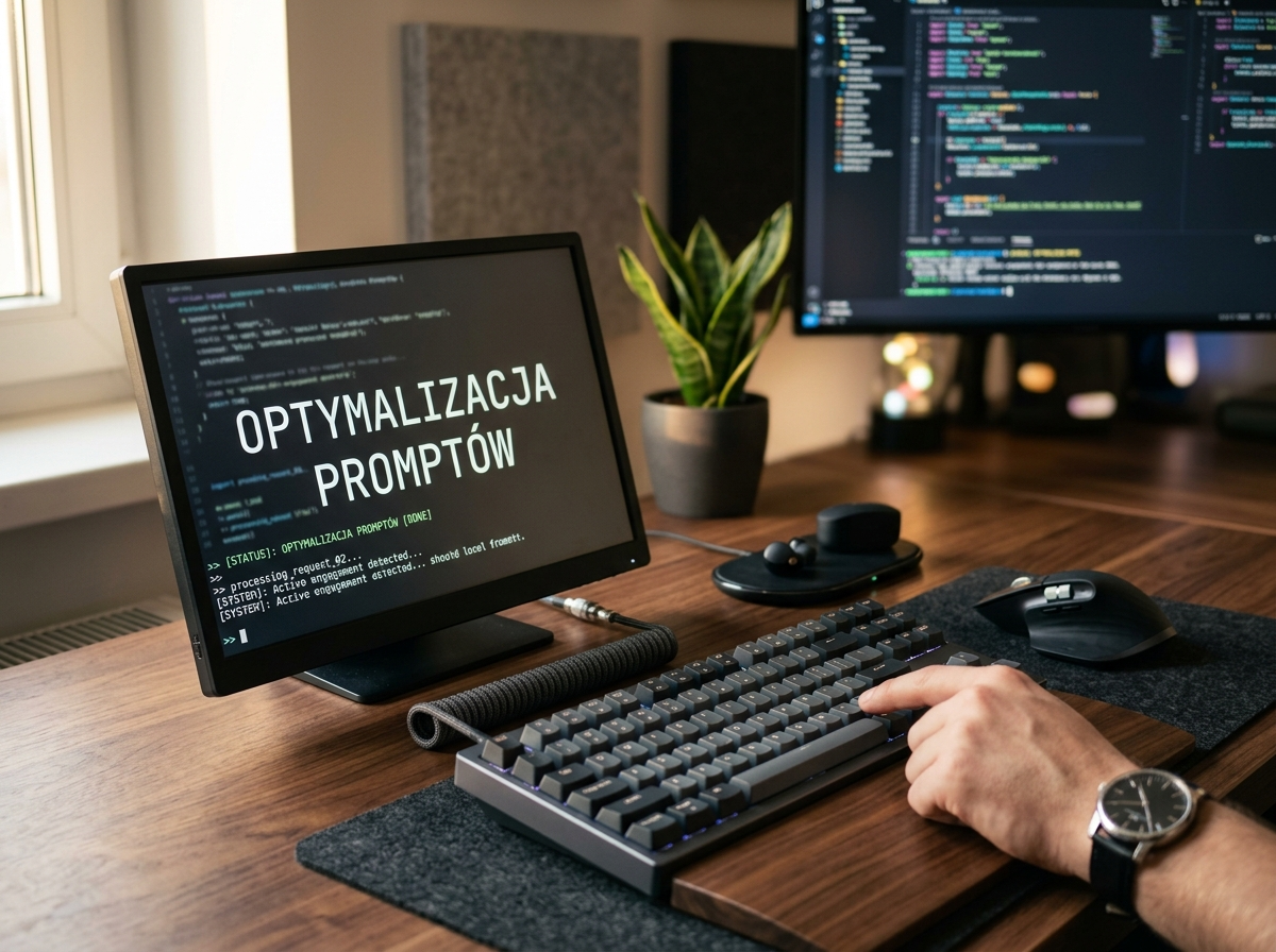 Nowoczesne stanowisko pracy z terminalem wyświetlającym 'OPTYMALIZACJA PROMPTÓW', klucz do precyzyjnej inżynierii ai online.