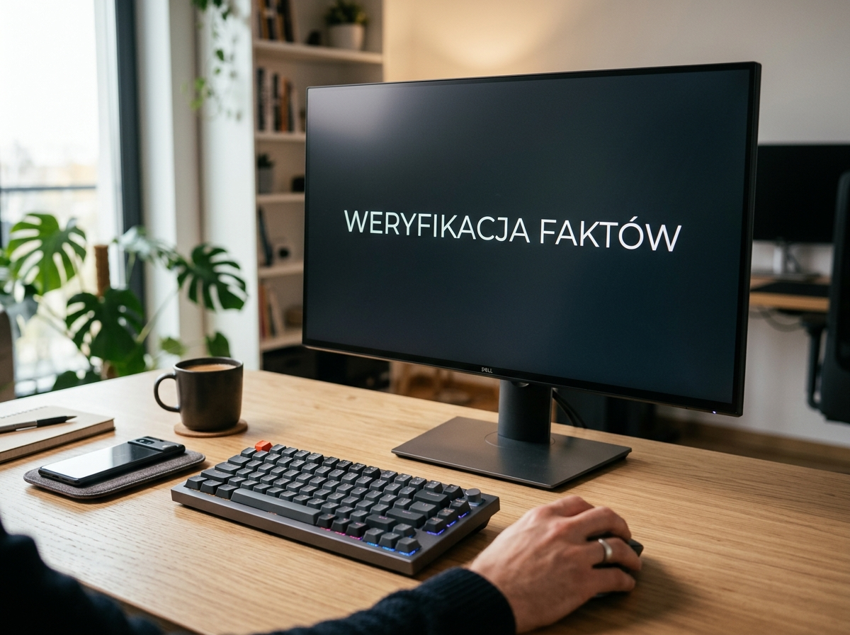 Nowoczesny monitor wyświetla 'WERYFIKACJA FAKTÓW' na biurku z klawiaturą, symbolizując zaawansowane możliwości gpt chat online.