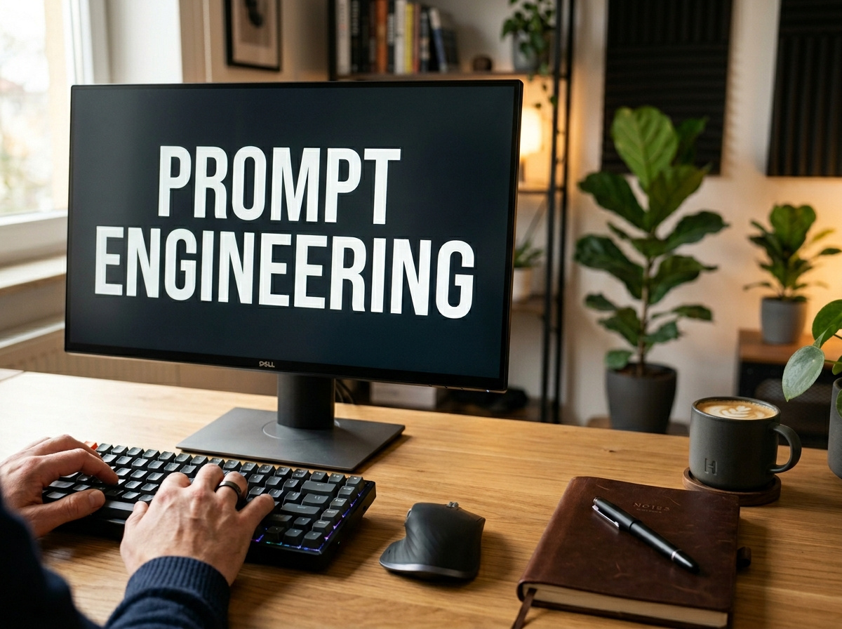 Nowoczesny monitor z napisem 'PROMPT ENGINEERING' na biurku, symbolizujący precyzyjne wykorzystanie chat gpt openai.