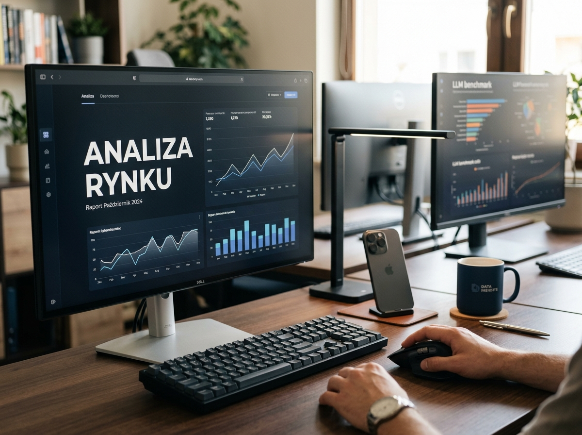 Profesjonalne biurko z monitorem wyświetlającym 'ANALIZA RYNKU', klawiaturą i myszką, symbolizujące analizę chat gpt artificial intelligence.