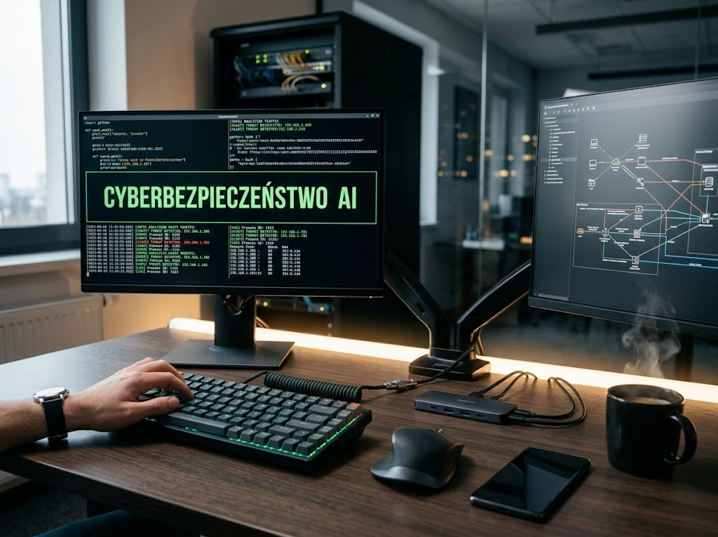 Profesjonalne zdjęcie biurka analityka. Terminal wyświetla 'CYBERBEZPIECZEŃSTWO AI', podkreślając ochronę danych w gpt sztucznej inteligencji.