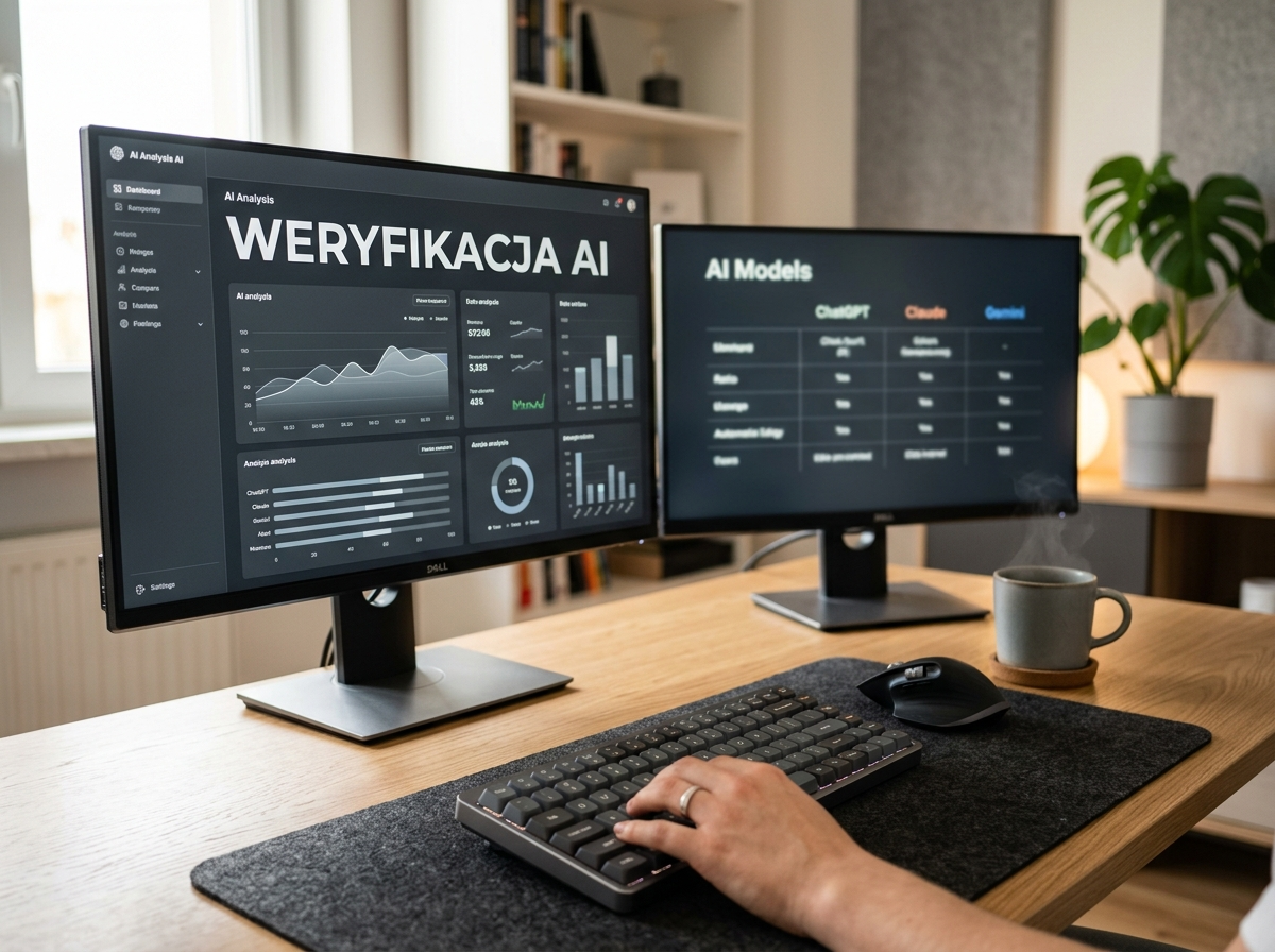 Profesjonalne zdjęcie biurka z monitorem 'WERYFIKACJA AI', symbolizujące ocenę i porównanie modeli AI jak chat gpt openai.