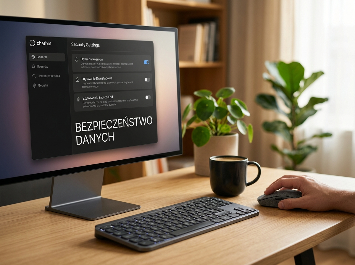 Profesjonalne zdjęcie biurka z monitorem wyświetlającym 'BEZPIECZEŃSTWO DANYCH' i dłonią, kluczowe dla ai chatbot gpt.