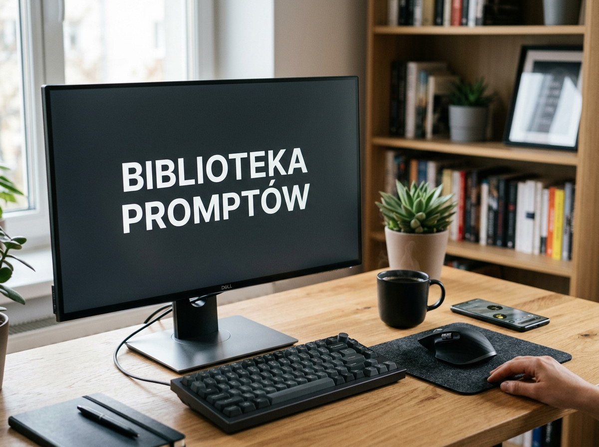 Profesjonalne zdjęcie biurka z monitorem wyświetlającym 'BIBLIOTEKA PROMPTÓW', klawiaturą i myszką. Ukazuje efektywne zarządzanie prompt chatgpt.