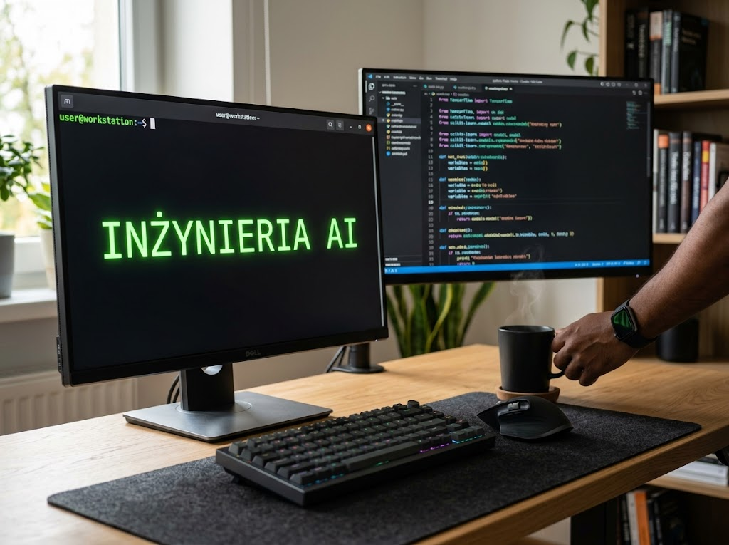 Profesjonalne zdjęcie biurka z monitorem wyświetlającym 'INŻYNIERIA AI', symbolizujące zaawansowany kurs sztuczna inteligencja.