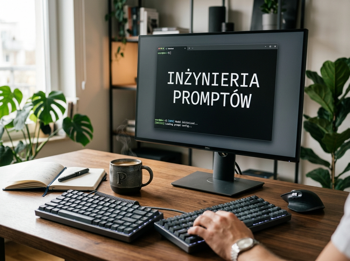 Profesjonalne zdjęcie biurka z monitorem wyświetlającym 'INŻYNIERIA PROMPTÓW', klawiaturą i kawą. Wizualizacja zaawansowanych technik ai chat gpt.