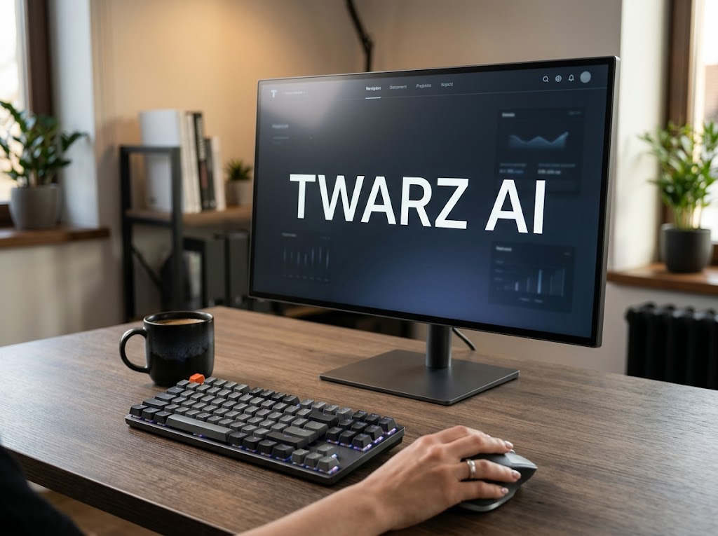 Profesjonalne zdjęcie biurka z monitorem wyświetlającym 'TWARZ AI', symbolizujące zaawansowaną edycję sztuczna inteligencja zdjęcie.