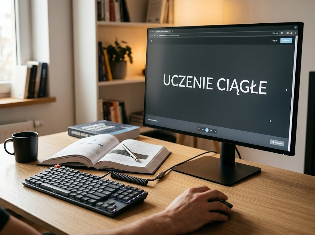 Profesjonalne zdjęcie biurka z monitorem wyświetlającym 'UCZENIE CIĄGŁE', symbolizujące rozwój po ai kurs.