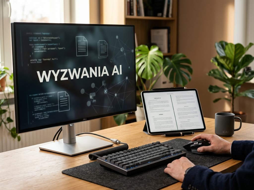 Profesjonalne zdjęcie biurka z monitorem wyświetlającym 'WYZWANIA AI', symbolizujące prawne i techniczne wyzwania sztucznej inteligencji.
