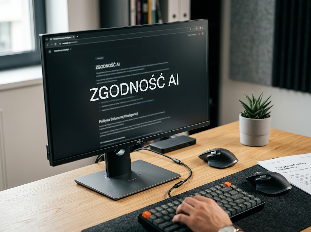 Profesjonalne zdjęcie biurka z monitorem wyświetlającym 'ZGODNOŚĆ AI', symbolizujące bezpieczeństwo i regulacje inteligencji ai.