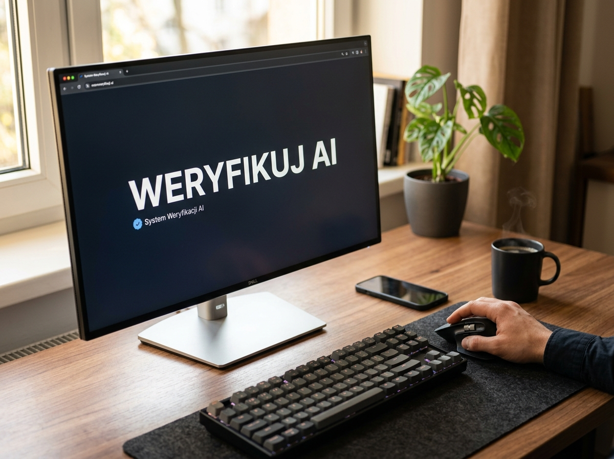 Profesjonalne zdjęcie biurka z monitorem wyświetlającym tekst 'WERYFIKUJ AI', symbolizujące audyt ai chat gpt.